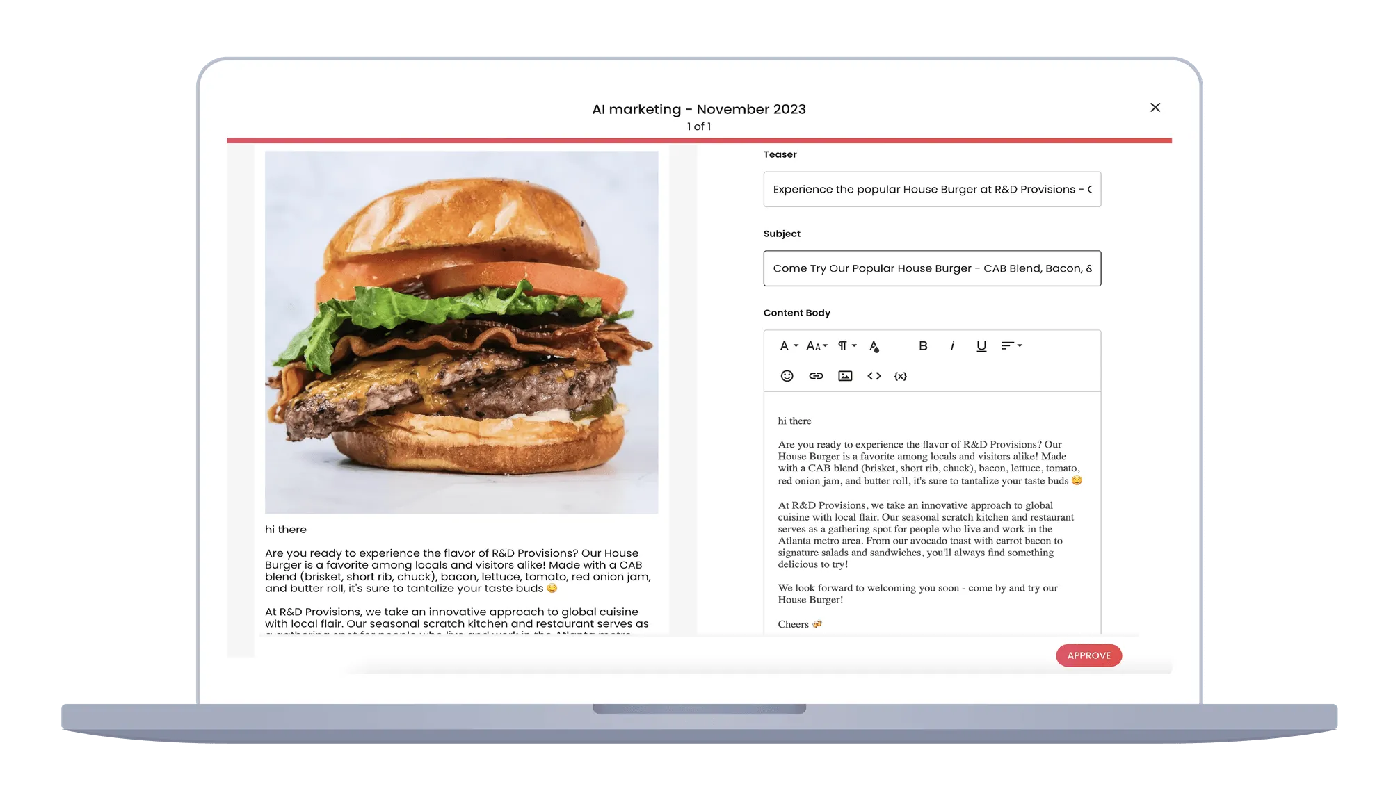 Restaurant social media content creation interface.
