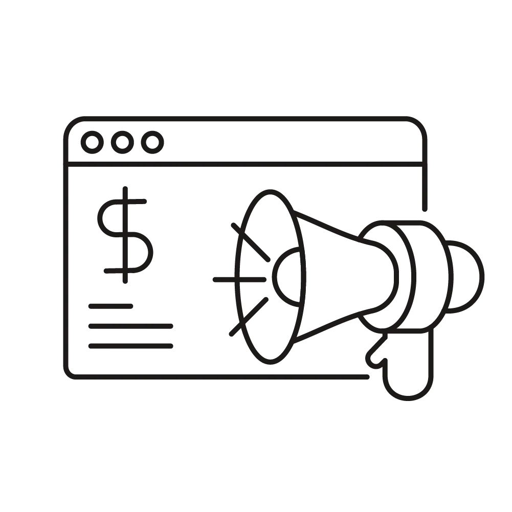 Pixel art icon showing a web browser window with a dollar sign and a megaphone representing paid advertising.