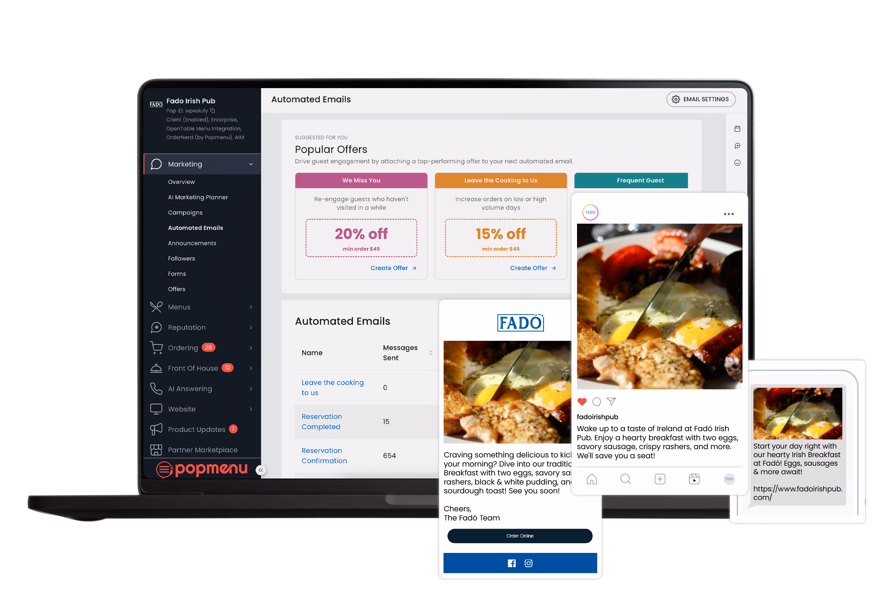 Laptop screen showing automated emails marketing dashboard alongside mobile mockups of a meal promotion.