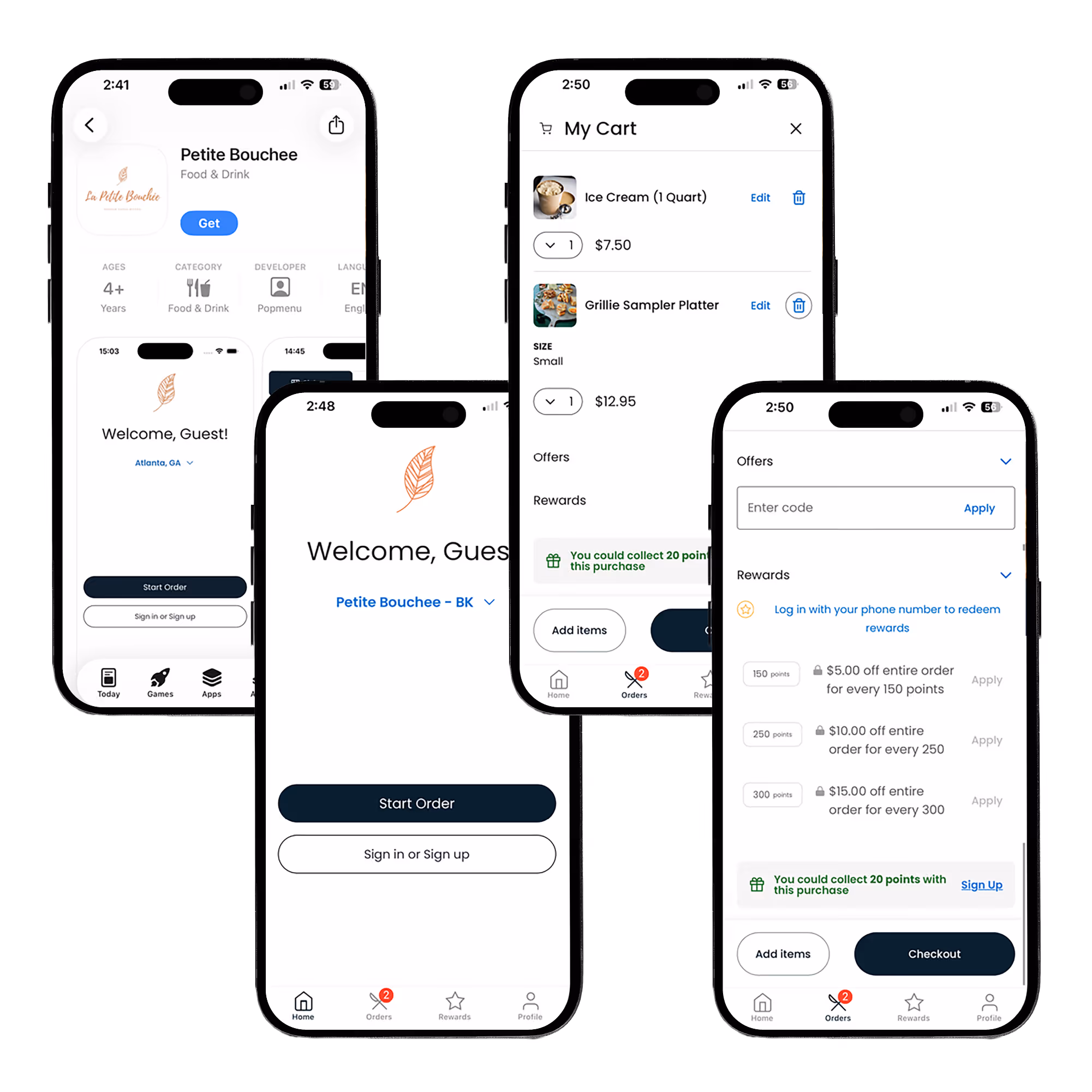Four smartphone screens showing a restaurant app: welcome screen, cart, rewards, and app store download page.
