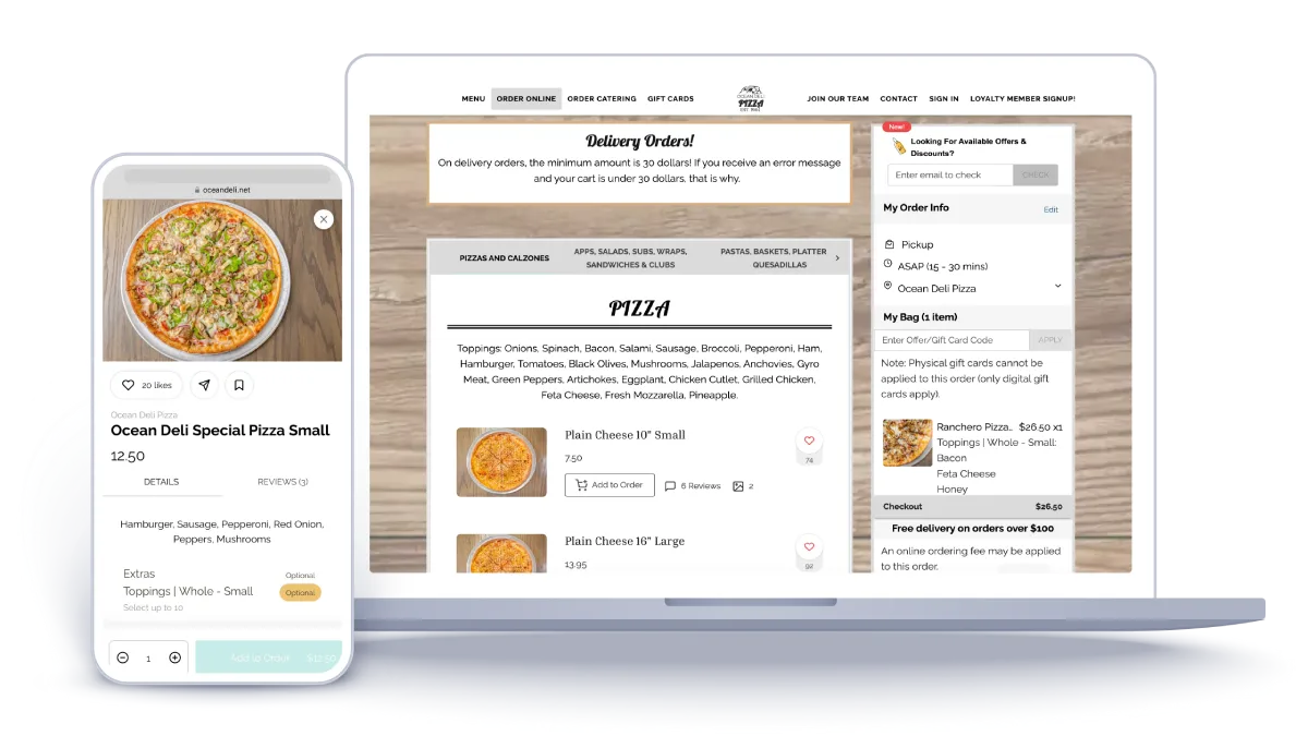 Online ordering interface displayed on a laptop screen showing a restaurant menu.