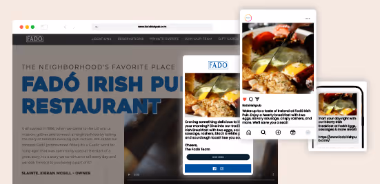 Website and mobile views of a restaurant featuring text about the pub and social media posts with images of food and drink.