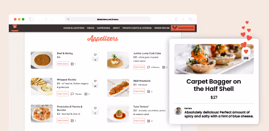 Restaurant online menu displaying appetizers with images, prices, and order buttons, featuring a highlighted dish with a photo, price, and a positive customer review.