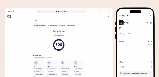 Screenshot of a loyalty program dashboard showing points for a user with reward tiers and an adjacent mobile shopping cart screen.