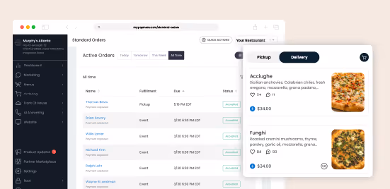 Online restaurant order management screen showing active orders and a delivery menu with images and descriptions of pizzas.